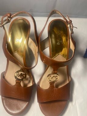 MICHAEL Michael Kors Brown Leather T-Strap Heels with Gold MK Logo